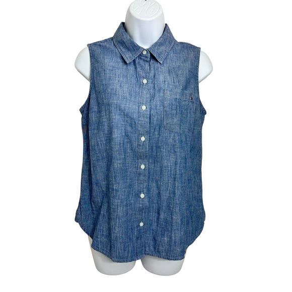 Women's Tommy Hilfiger Chambray Denim Button Front Sleeveless Shirt Sz Small Top - Picture 7 of 7